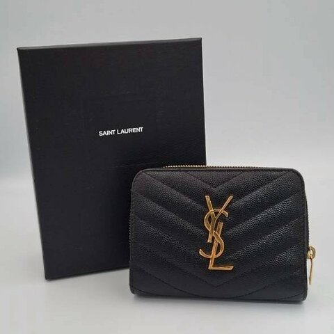 【YSL】Saint Laurent  經典黑金粒面牛皮三折短夾/卡夾✨ V紋魚子醬皮革金字 LOGO【專櫃熱銷保值款】