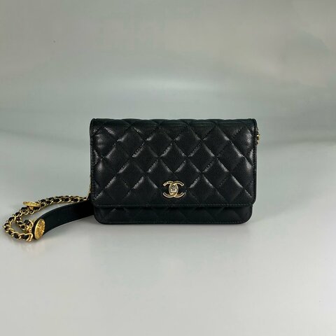 CHANEL AP2840 黑金荔枝金幣鍊條WOC包