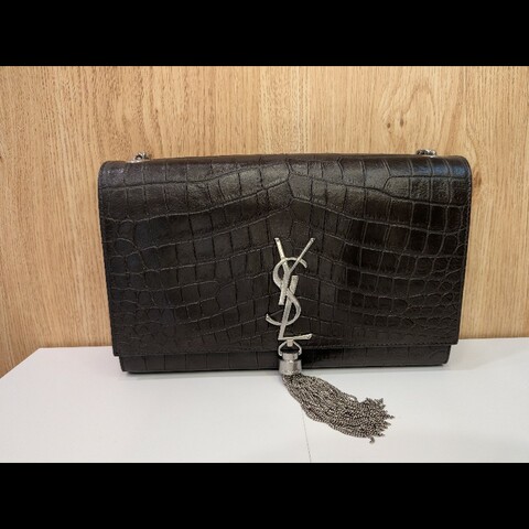 YSL Saint Laurent Kate Medium 深咖啡牛皮鱷魚壓紋流蘇鏈條包