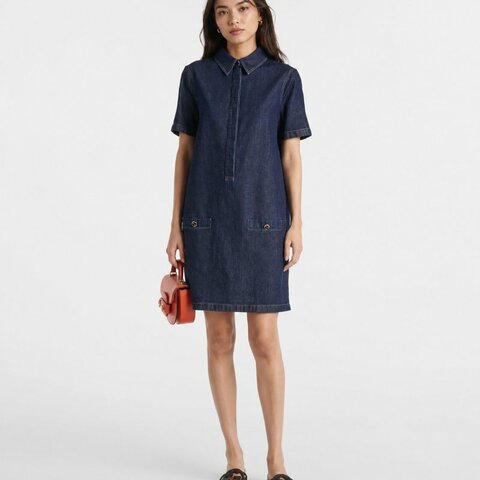 🍒 ::Gucci:: 黑色雙G鈕扣 深藍色連身短洋裝 Denim dress 46號