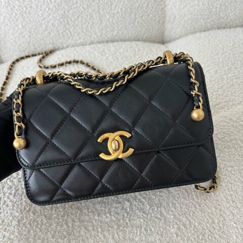 Chanel香奈兒 雙金珠19黑金牛皮 單肩包斜挎包 芯片款