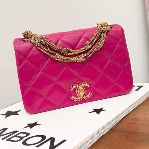 【近新閒置品】Chanel 香奈兒菱格限定玫紅色火龍果瀑布鏈條風琴包手拿單肩斜背包 芯片款