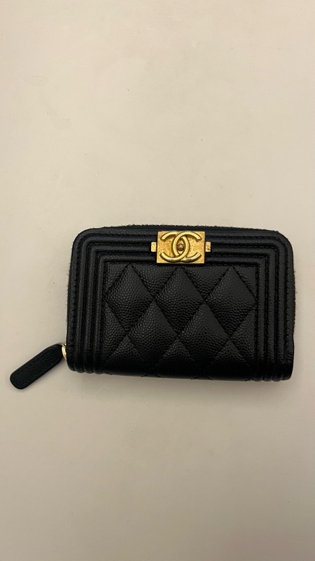 極新 Chanel Boy黑金荔枝皮拉鍊零錢卡包