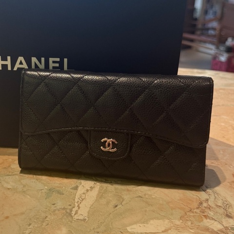 香奈兒ChanelCF黑金荔枝紋牛皮長款錢包