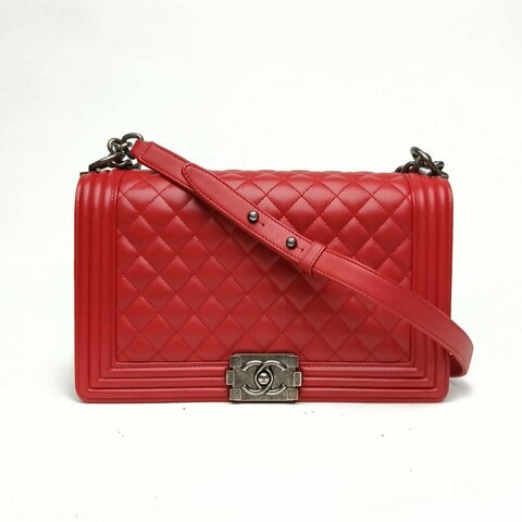 CHANEL Leboy中號紅色牛皮革20開銀扣肩背包
