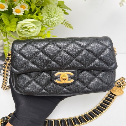 99新 香奈兒Chanel 21A 黑金荔枝牛坦克鏈條金幣方胖子