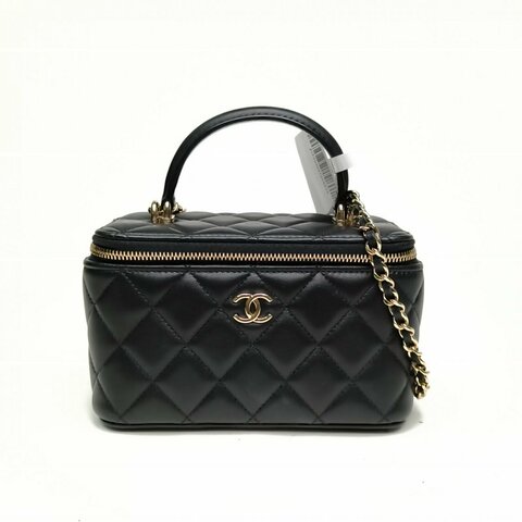CHANEL 21K手提長盒子化妝包帶鏡子黑色羊皮革金扣肩背包