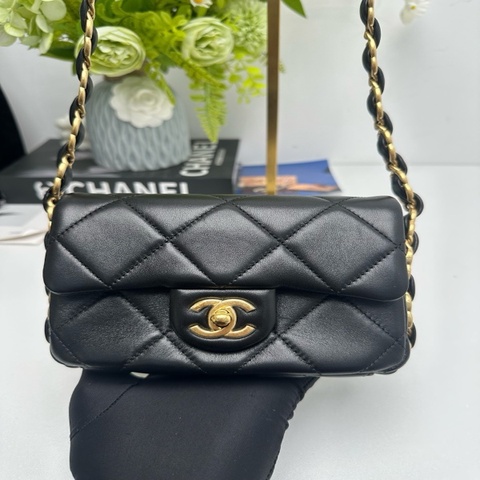 99新 Chanel香奈兒 24K黑色hobo羊皮 方胖子斜挎包