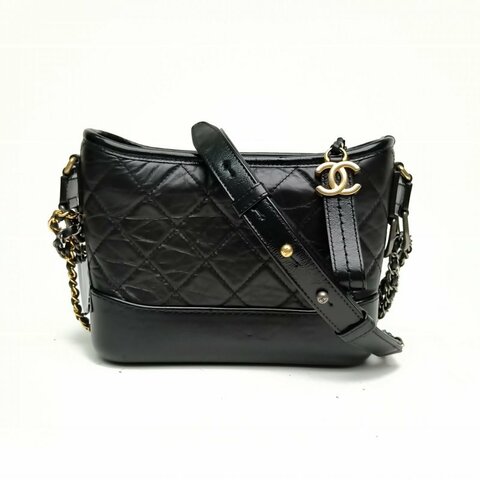 CHANEL GABRIELLE流浪小號黑色牛皮革30開金銀扣肩背包