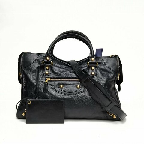 BALENCIAGA CLASSICCITY機車包中號黑色牛皮革金扣肩背包