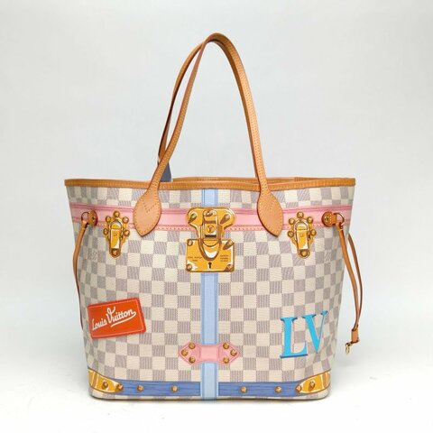 LOUIS VUITTON Neverfull中號31白棋格金扣2018宮廷印花肩背包