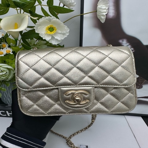 Chanel香奈兒 香奈兒25B淡金色方胖子鏈條包 99新