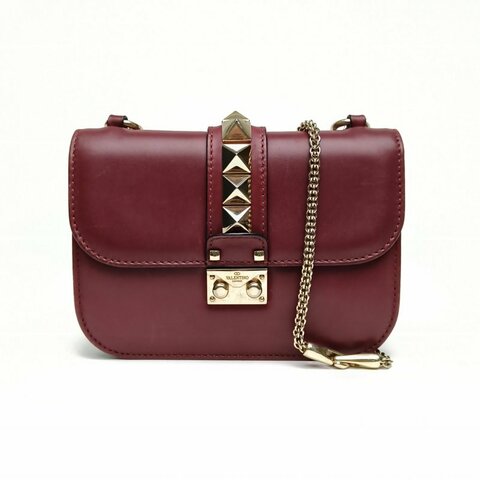 VALENTINO 紅色牛皮革鉚釘鏈條包肩背包