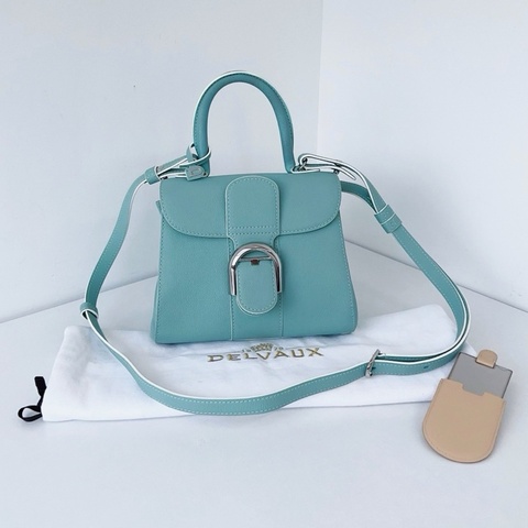 【近新閒置品】Delvaux 德爾沃 天空藍 銀扣brillant mini 經典輪廓大D金扣 顆粒牛手提單肩斜背包