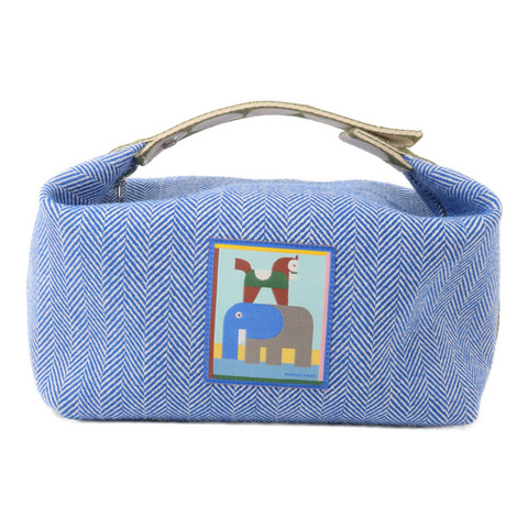 HERMES 羊毛/帆布Animaux Blocks Case Large手挽袋Bleu Gitane