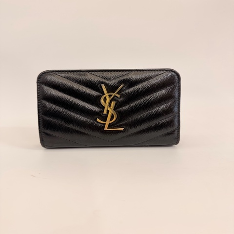 YSL 黑荔枝皮6卡對開拉鏈短夾