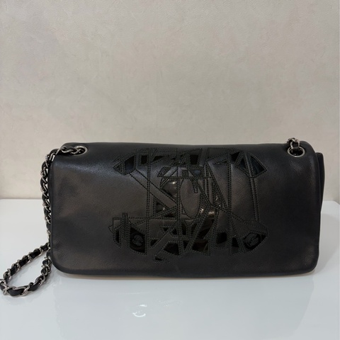CHANEL 黑色牛皮拼接銀鍊法棍斜背包｜30cm 肩背包 側背包 斜背包