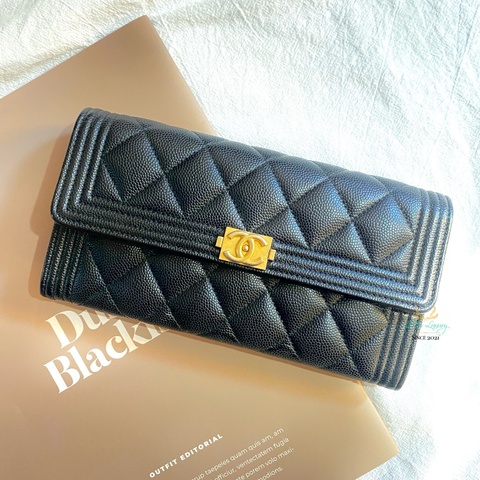 CHANEL 香奈兒 A80286 黑色 復古金釦 荔枝牛皮 Boy系列 12卡 翻蓋 釦式長夾 精品長夾