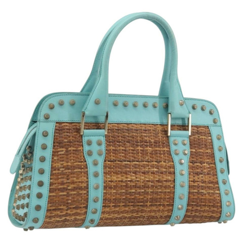 FENDI 拉菲草編織手提包 薄荷綠 金色 正品 196379A