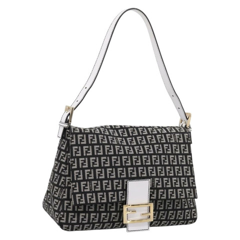FENDI Zucchino帆布Mamma Baguette手提包，黑色、灰色、金色，正品 am12275SAV