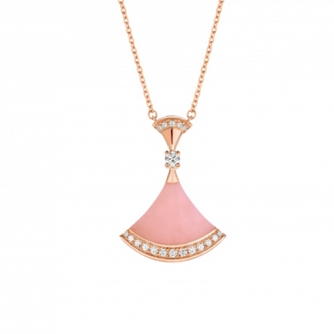 Bvlgari 寶格麗 限定款粉色扇子項鍊 DIVAS’ DREAM系列 粉色蛋白石邊鑽大號扇子項鍊
