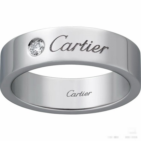 Cartier 卡地亞18k白金寬版簽字款單鑽戒指，尺碼55號