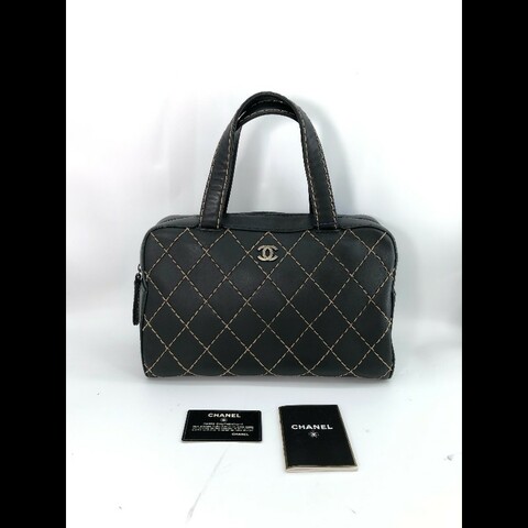 Chanel香奈兒 黑色牛皮 米色外縫線 保齡球包 手提單肩包 vintage 中古包包