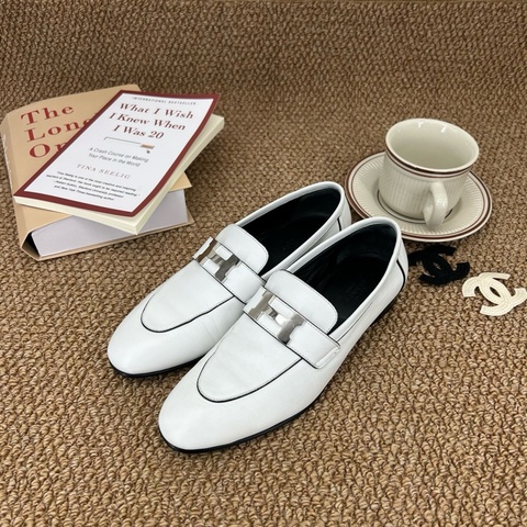 Hermes 愛馬仕 paris 白色H扣 樂福鞋 36.5碼