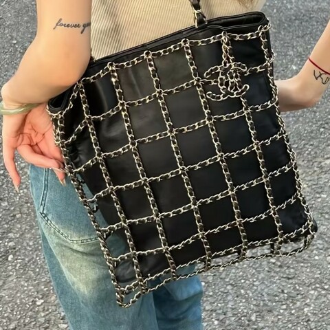 Chanel香奈兒 限量款 黑金皮穿鏈網格 tote 托特購物袋閒置新