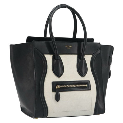 CELINE Luggage Micro Shopper 手提包，白色皮革，金色飾邊，正品，貨號 196440A