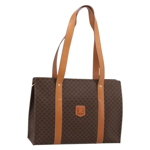 CELINE Macadam帆布托特包 PVC皮革 棕色金色 Auth am12243V