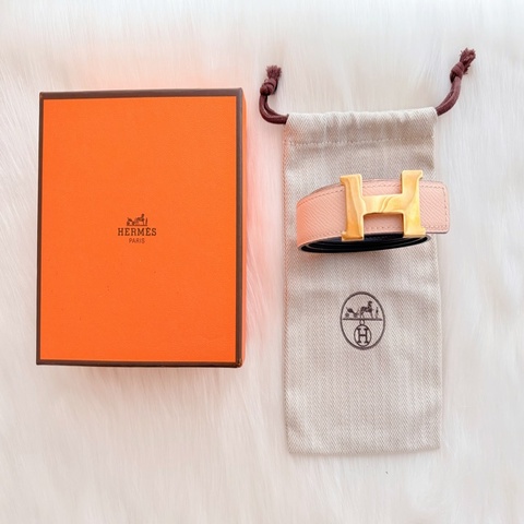 Hermès 愛馬仕經典 H金扣雙面皮帶 粉色  附原盒・防塵袋