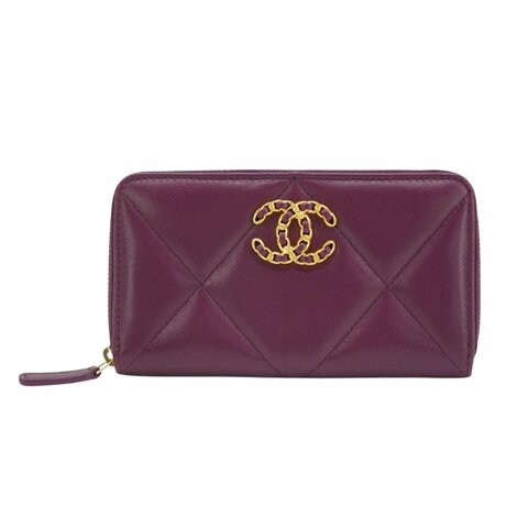 Chanel 19 金雙C logo羊皮拉鍊中夾(AP0948-紫)