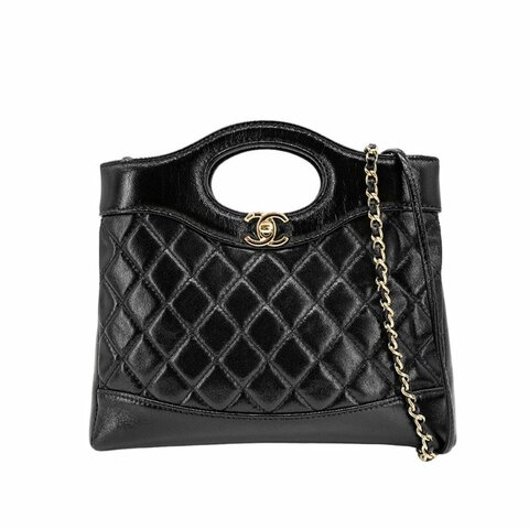 Chanel 展示品 31 Bag 油蠟羊皮淡金雙鍊手提斜背包-mini(AS4133-黑)