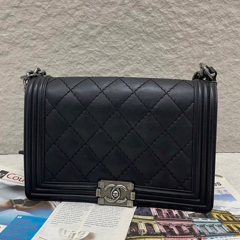 Chanel/香奈兒 leboy中號 黑銀菱格紋牛皮