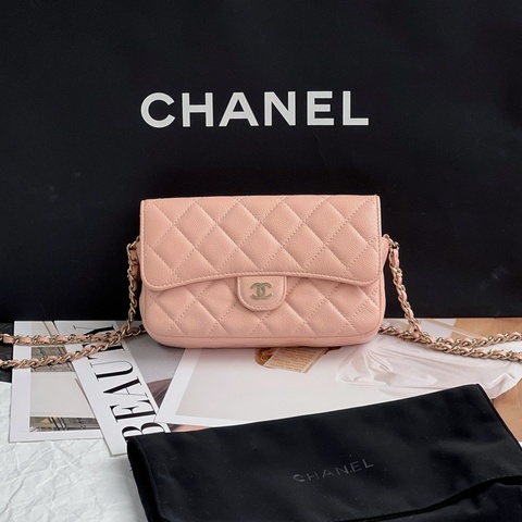 Chanel香奈兒woc二合一手機鏈條包 粉色金扣 荔枝牛皮 芯片款