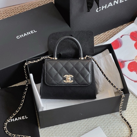 Chanel香奈兒 coco handle nano 黑金荔枝皮 手柄款斜挎包