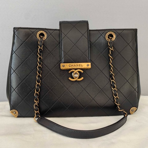 Chanel 香奈兒 復古黑金菱格托特包單肩包腋下包