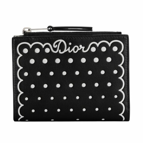 【Dior 迪奧】Trianon Dahlia PolkaDior 對折 籐格紋 小牛皮 拉鍊 皮夾 卡夾 短夾 黑色 白色 S2403PIZT_45I