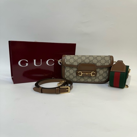 Gucci PVC咖牛皮金馬銜釦Horsebit1955小號肩斜背包