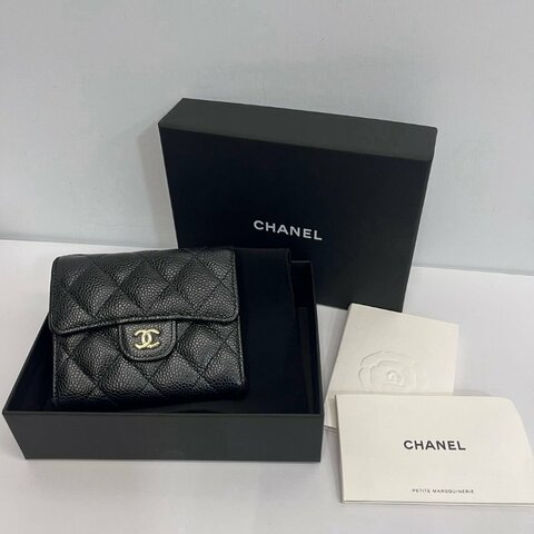 Chanel 三摺短夾 黑金荔枝牛 晶片款