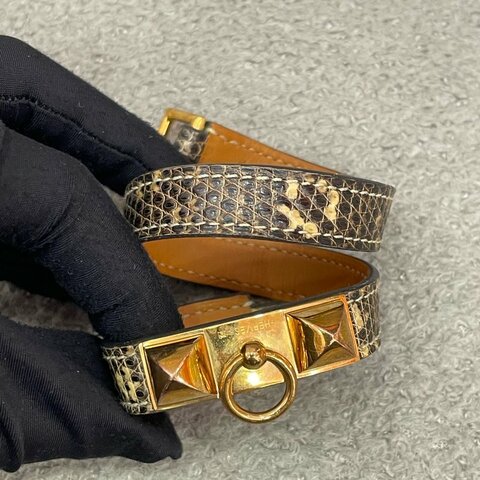 Hermès CDC Double Tour Bracelet Lizard Leather Natural Gold Hardware Size T2