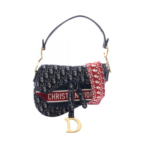 Dior SADDLE Oblique 2-Way 馬鞍包，布料為海軍藍、米色和波爾多紅，二手女款