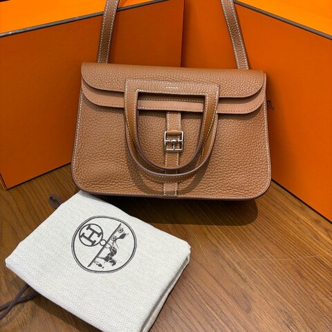 🆕 Hermes 愛馬仕 Halzan25手提包斜挎包單肩包 棕色銀扣 TC皮