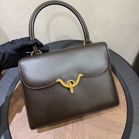 Hermes  Vintage愛馬仕飛鳥麥穗扣vesco巧克力色box皮手提包