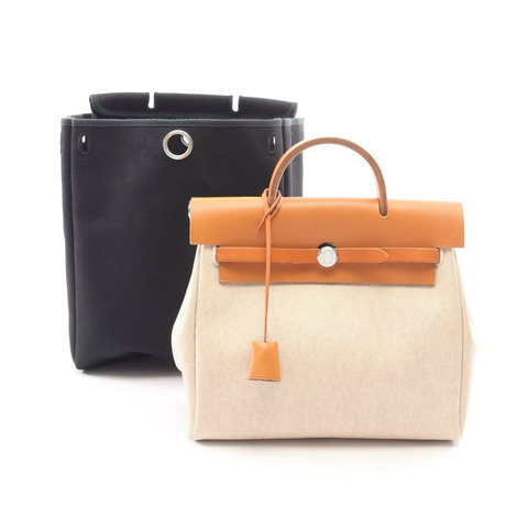愛馬仕 Herbag Ad PM 雙肩包帆布皮革米色棕色二手