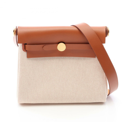 愛馬仕 Herbag Zip Mini 單肩包 Toile H 帆布 Hunter 皮革 米棕色 K