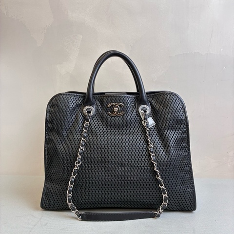 香奈兒/Chanel 98新 17開 黑銀牛皮網格tote