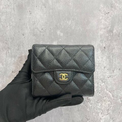 Chanel 三摺短夾 黑金荔枝牛 晶片款
