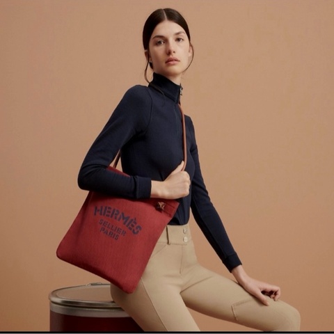 Hermes 愛馬仕 Aline酒紅色帆布包 馬伕包 馬術包 購物包